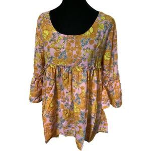 Zouk Women's Floral Tunic Shirt Medium Hi Low Ruffles Pink Orange Blue Festival